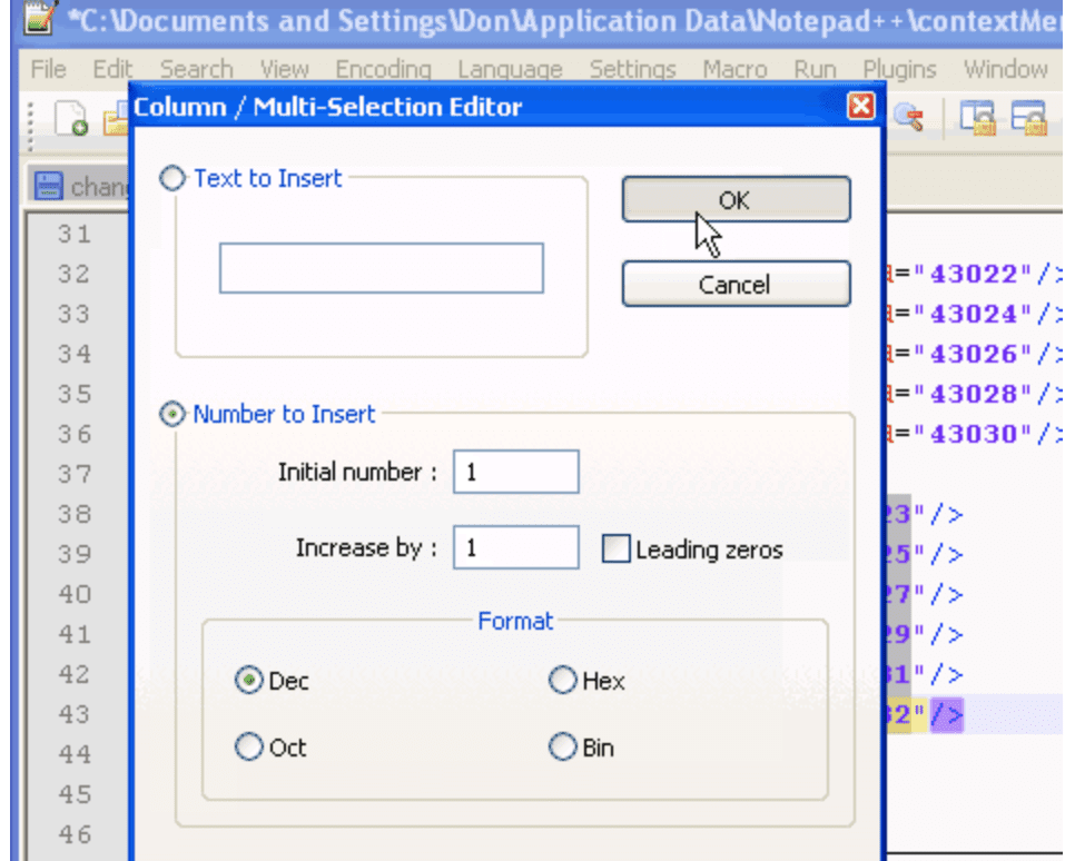 Notepad++ column mode