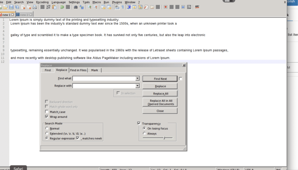 line wrapping in Notepad++ find tool method