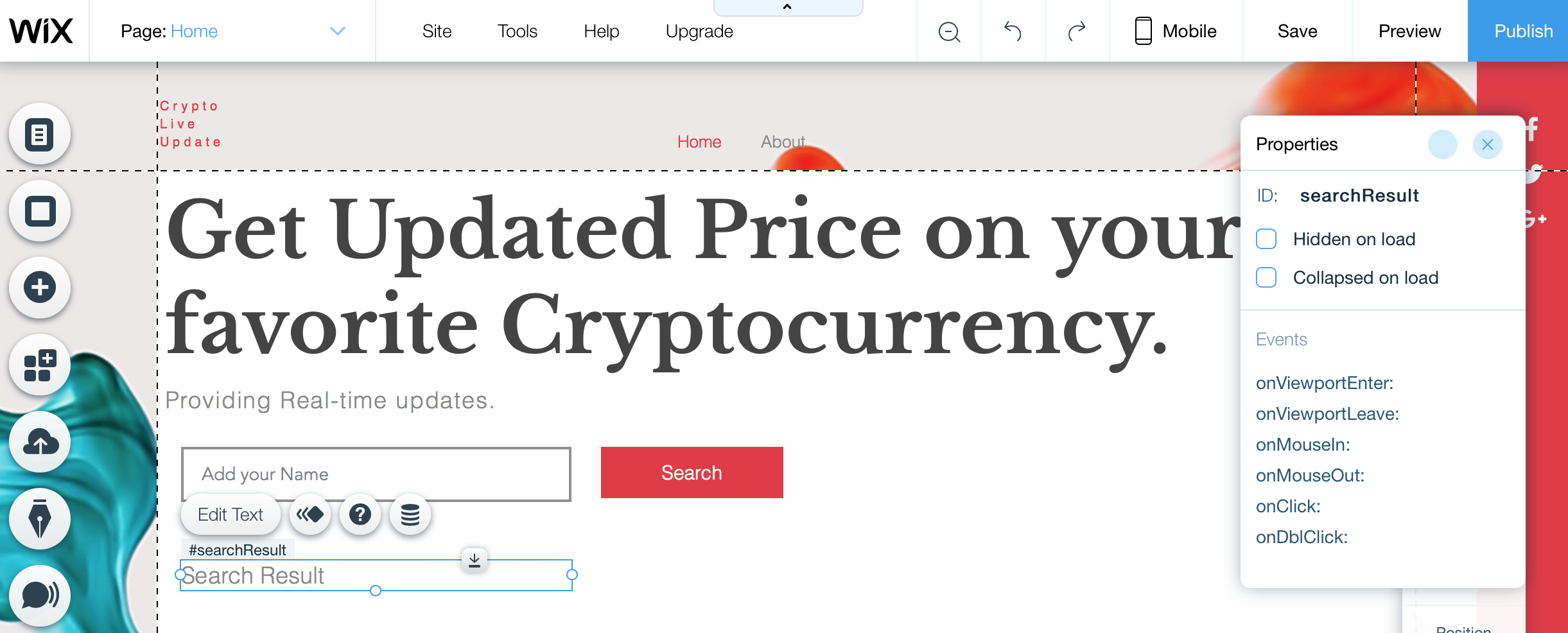 Insert a Text to display search result in Wix Code