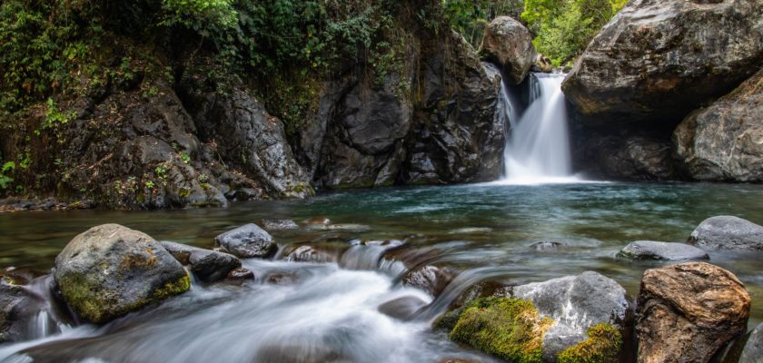 water falls in the middle of the forest